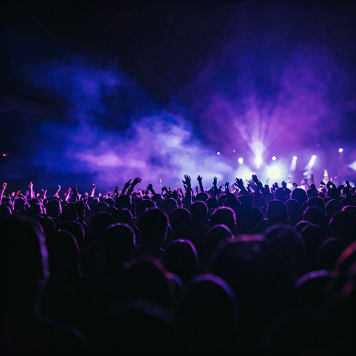 Close-up of a high-energy music festival crowd with vibrant stage lighting, deep purple and blue hues.